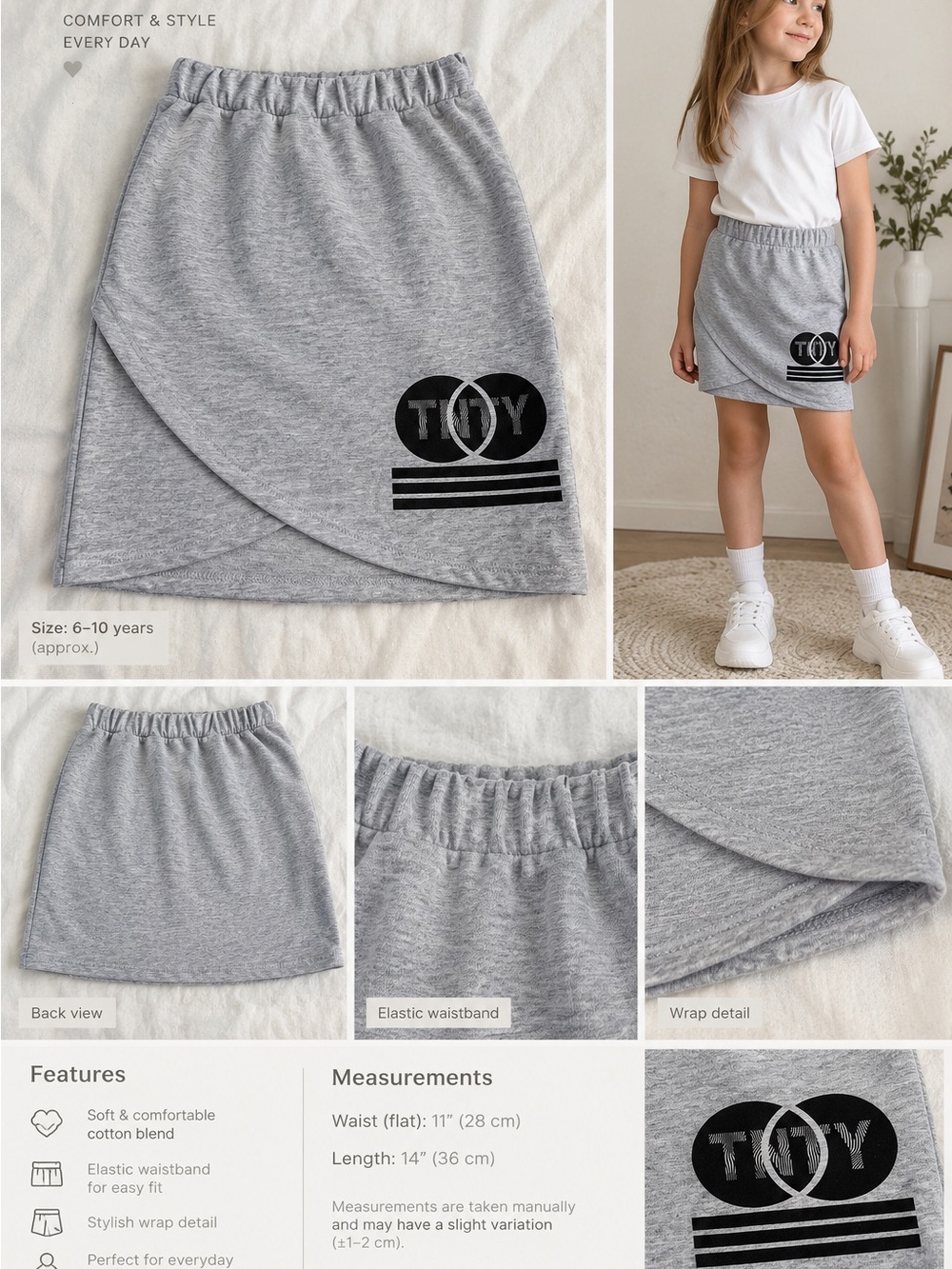 Girls Gray Wrap Skirt 8-10Y | Elastic Waist Casual School Skirt | W13.5 L17.5